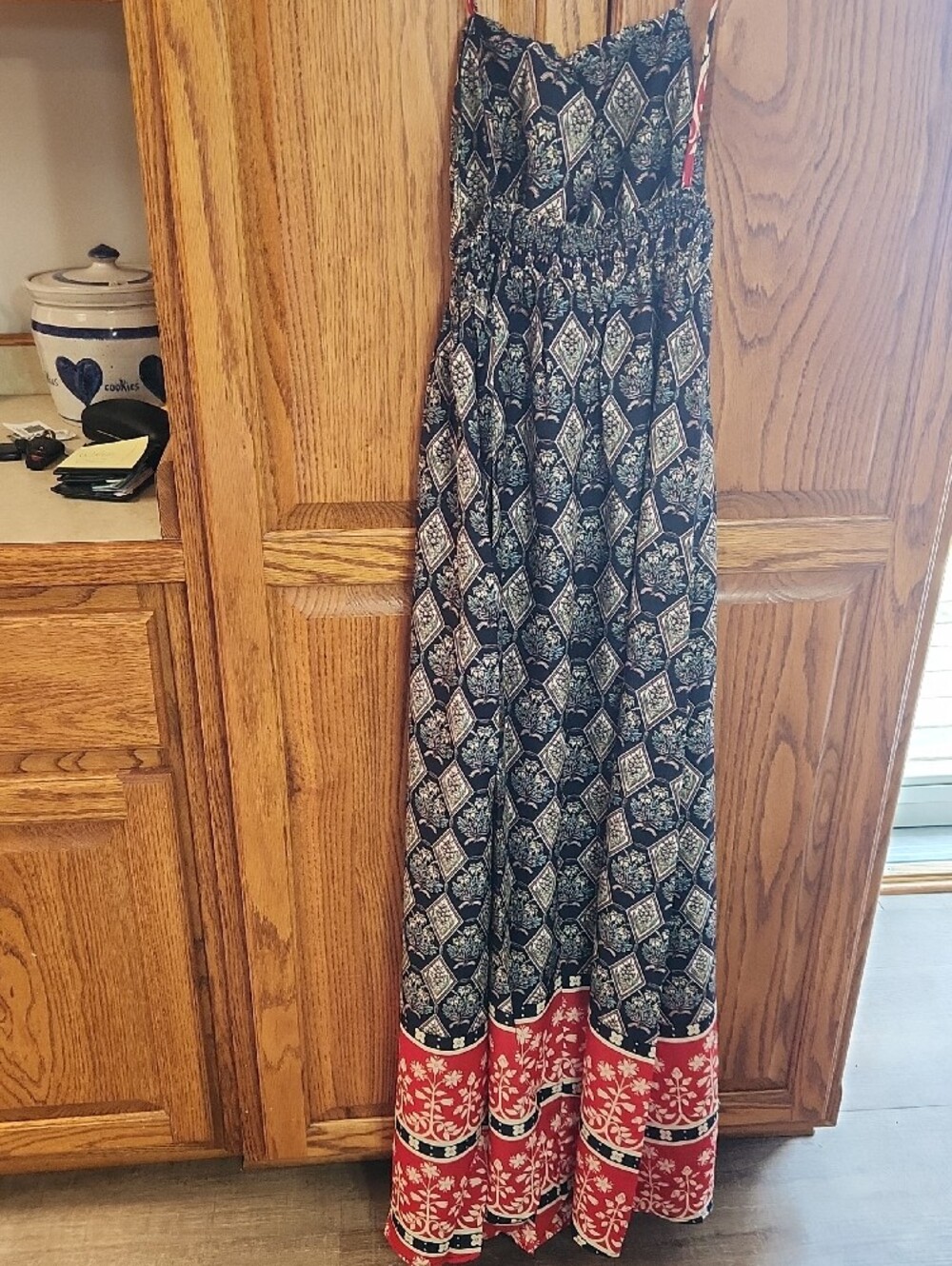 Hayden Los Angeles maxi Boho Smocked dress black geometric Red/White Floral Sm - Picture 3 of 12